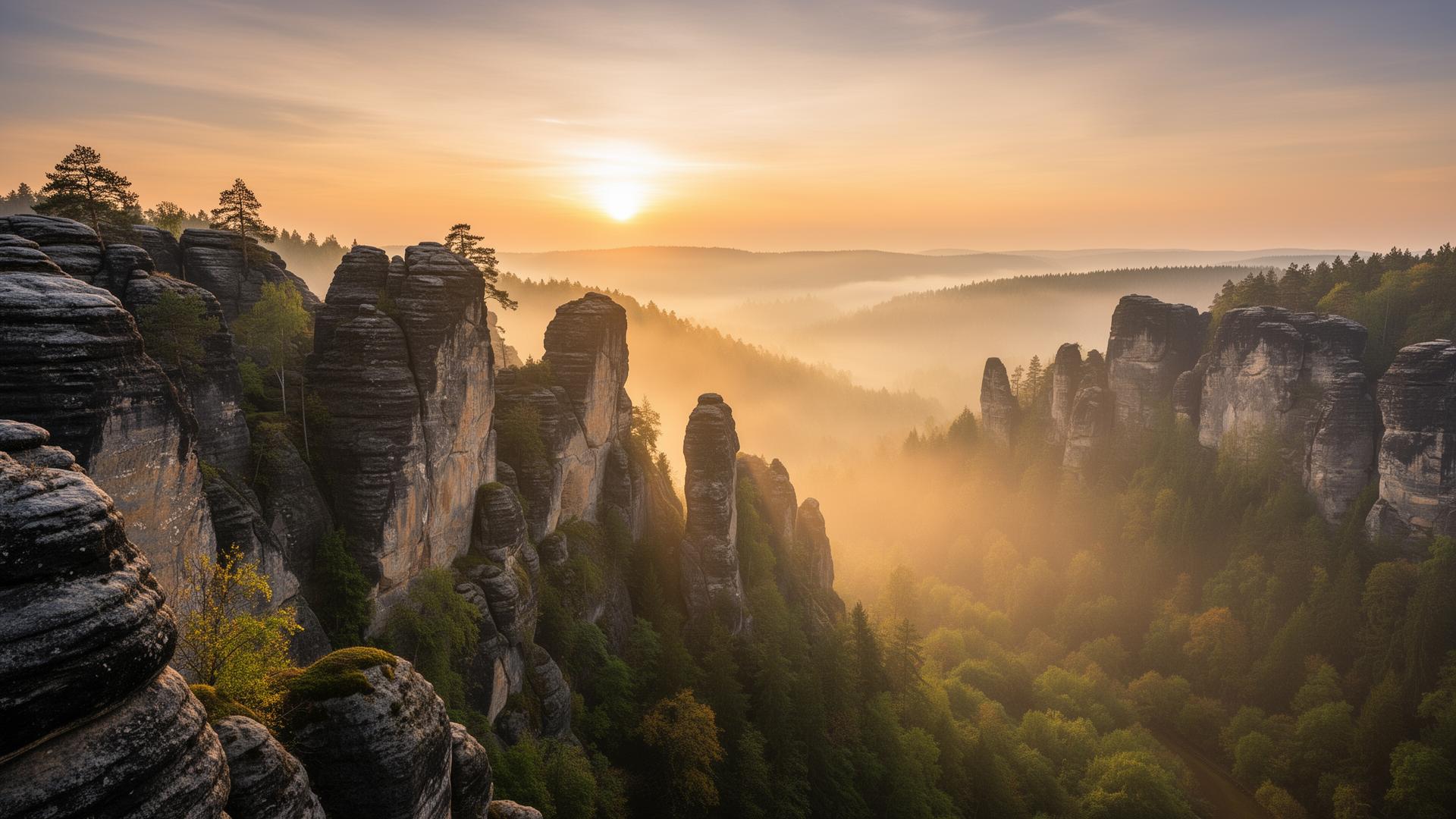 Sandstone towers of Bohemian Switzerland at dawn